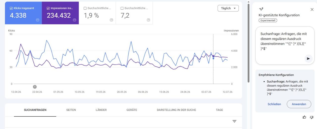 KI-Konfiguration in der Google Search Console mit Regex für Suchanfragen ab sechs Wörtern
