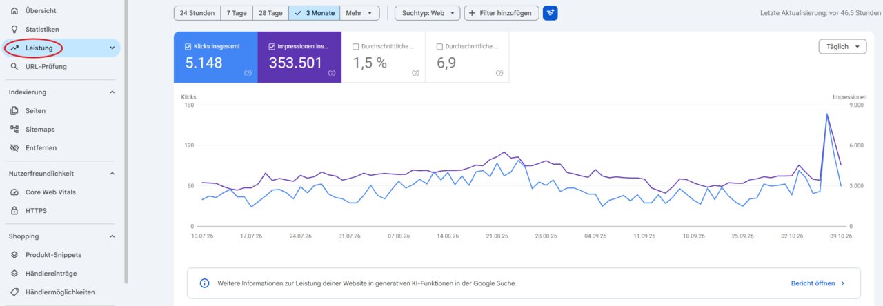 Google Search Console mit rot markiertem Menüpunkt Leistung