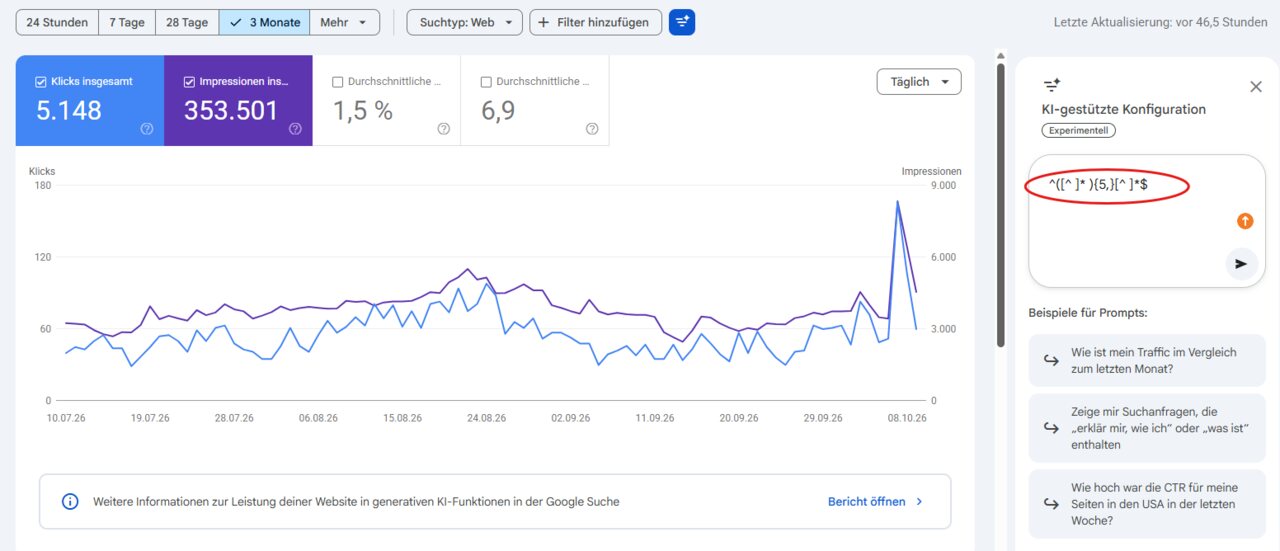 KI-gestützte Konfiguration der Search Console mit eingetragenem Regex-Code für lange Suchanfragen